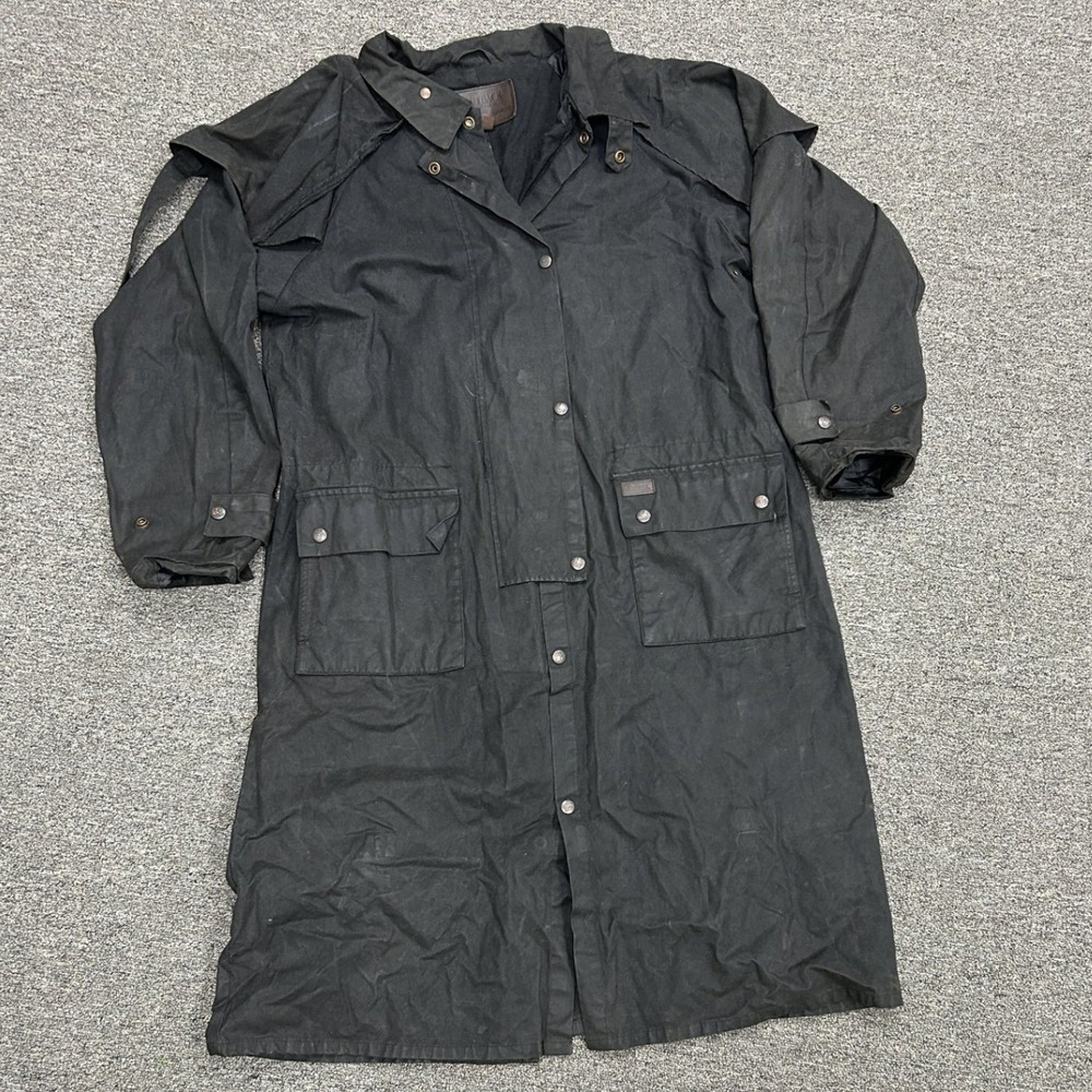 outback trading co Waxed Cotton Coat Mens M Black Long duster Jacket B3